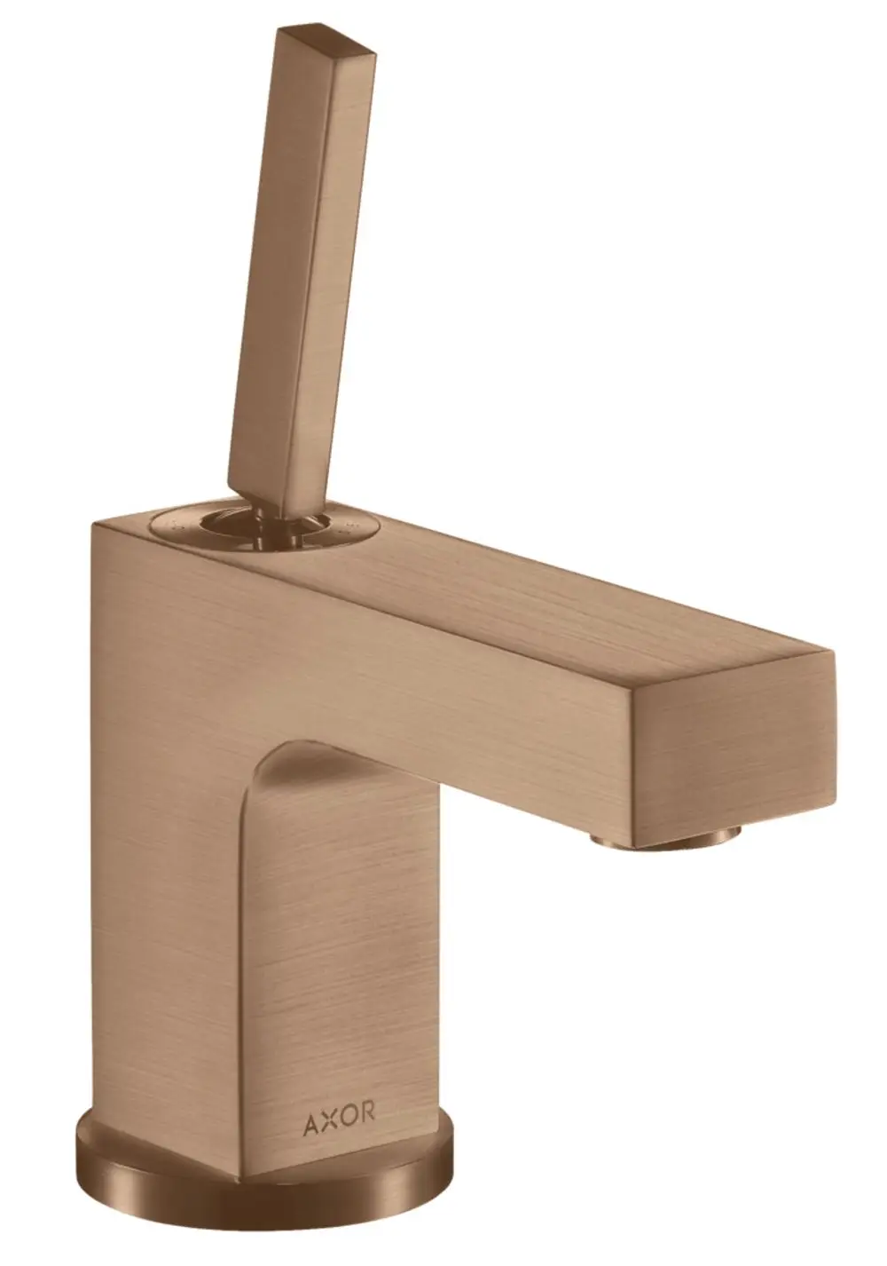 Einhebel-Waschtischmischer mit einem länglichen Griff und quadratischer Form, in gebürstetem Rotgold-Finish, Marke AXOR. Geeignet für Handwaschbecken.
